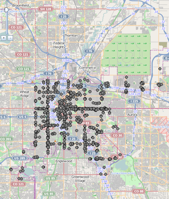 Graphic depicting Denver business robberies analyzed with digital pheromones