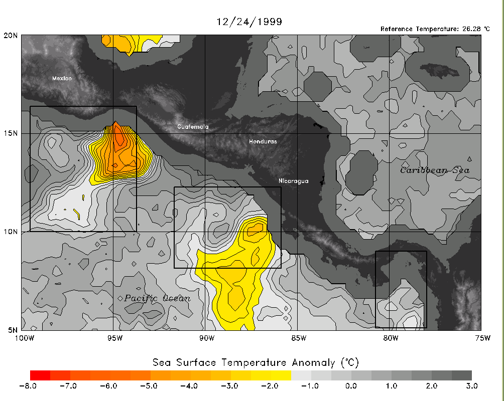 Example SST anomaly map depicting the cooler temperatures resulting from gap wind upwelling