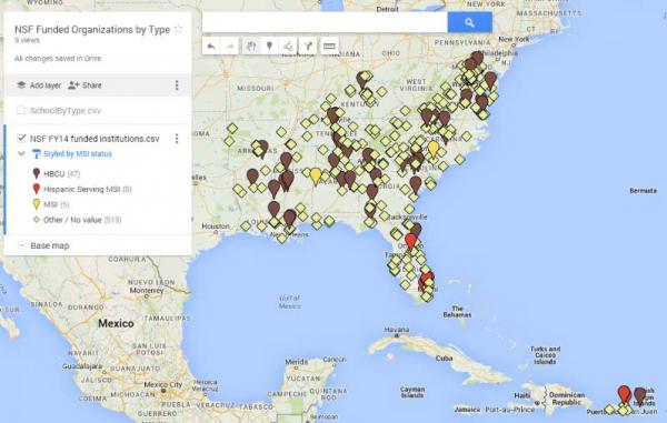 Institutions in the southeast receiving new NSF awards in FY14. A total of 579 institutions received funding that year; of these, 47 were HBCUs, 5 were Minority Serving Institutions, and 8 were Hispanic minority serving institutions.