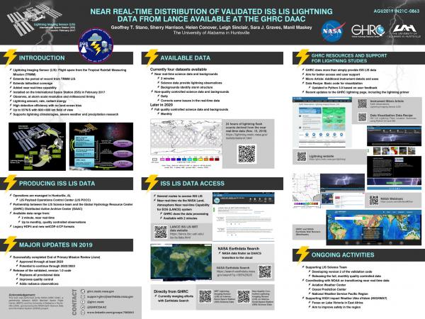 Near Real-Time Distribution of Validated ISS LIS Lightning Data from LANCE available at the GHRC DAAC (AGU Fall Meeting 2019)