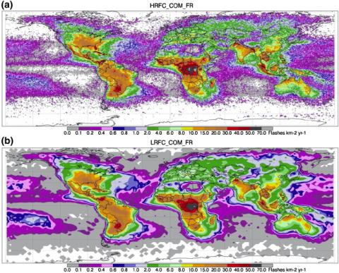 (a) HRFC mean annual flash rate from combined LIS and OTD, 0.5° grid. (b) LRFC mean annual flash rate from combined LIS and OTD, 2.5° grid.