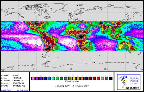 Global lightning strikes from January 1998 to present day from the NASA/MSFC Lightning Imaging Sensor