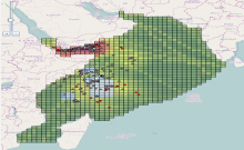 Somali pirate attacks in the Gulf of Aden and the Indian Ocean and associated digital pheromones encoding information about the attacks. Circles show the location of Somali pirate attacks that occurred during the study period. The cell colors show the level of several application-specific digital pheromones used to augment the environment and support the prediction of future events. Graphic depicting Somali pirate attacks in the Gulf of Aden and the Indian Ocean